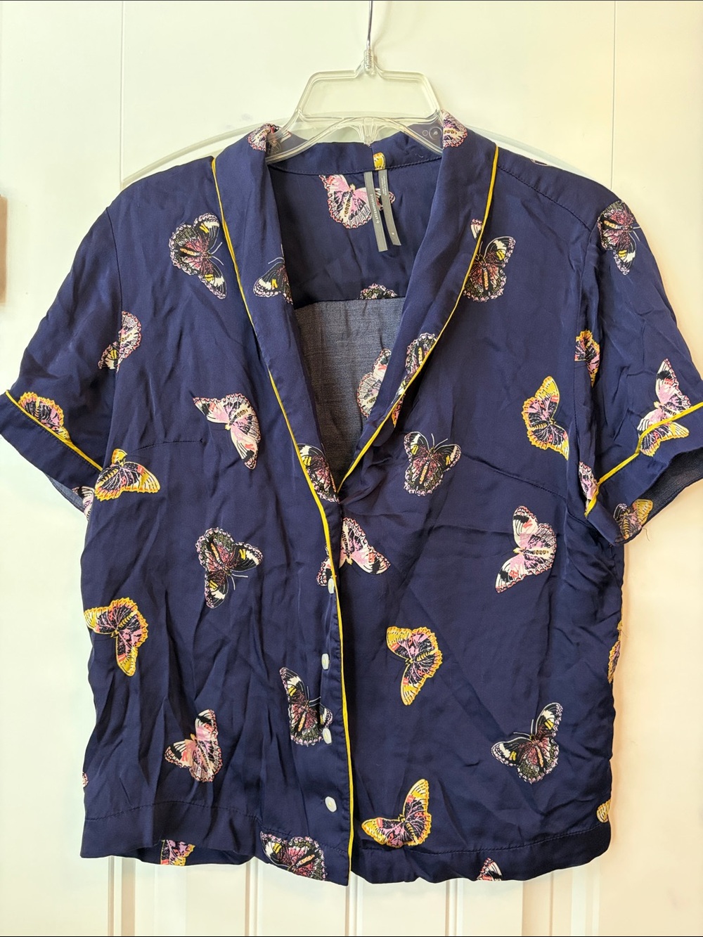 Anthropologie Navy Butterfly Print Pajama Shirt with Yellow Accents